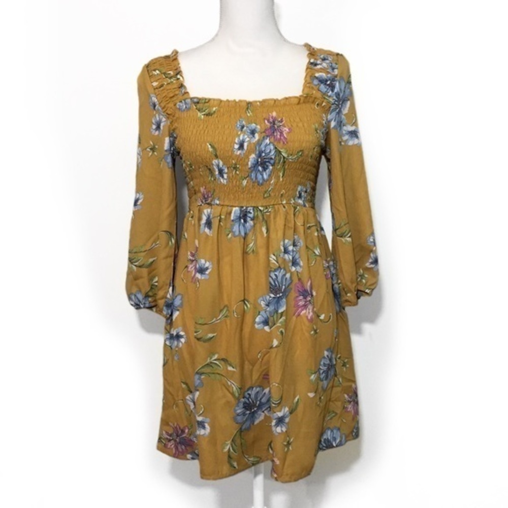 CLEARANCE NWT Mustard Gold Yellow Floral Smocked Dress New